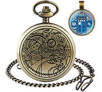 Tiong Doctor Who Pocket Watch with Bronze Case Quartz Full Hunter White Dial and Chain Mens Retro Dr Who Necklace Pendant Gift Box