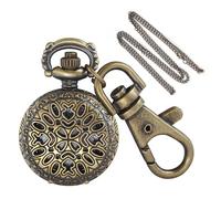 Tiong Four Leaf Clover Round Hollow Bronze Keychain Men's Quartz Pocket Watch with Chain, Arabic Numeral Scale with Chain Watch