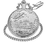 Tiong Full Silver Right Locomotive Quartz Men's Pocket Watch, Arabic Numeral White Dial Pocket Watch with Chain