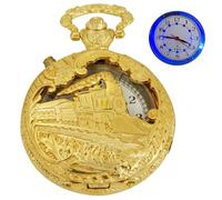 Tiong Gold Hollow Out Turn Right Locomotive Design Pocket Watch with LED Light, Creative Quartz Arabic Numeral Dial for Men's Pocket Watch