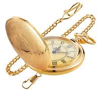 Tiong Gold Smooth Shield Pattern Pocket Watch Roman Digital Scale Quartz Pocket Watches, Men's Pocket Watch with Chain Christmas Graduation Birthday Father's Day