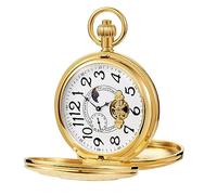 Tiong Hollow Double Gold Arabic Numerals Digital Moon Dial Steampunk Men's Mechanical Pocket Watch, Men's FOB Chain Mechanical Pocket Watch