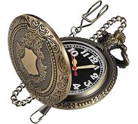 Tiong Luminous Brown Shield Men's Quartz Pocket Watch, Round Case with Arabic Numeral Digital Scale and Chain