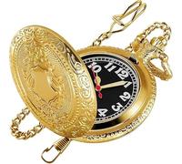 Tiong Luminous Gold Shield Men's Quartz Pocket Watch, Round Case with Arabic Numeral Digital Scale and Chain