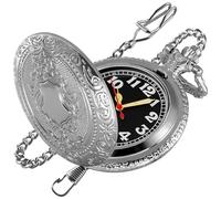 Tiong Luminous Silver Shield Men's Quartz Pocket Watch, Round Case with Arabic Numeral Digital Scale and Chain