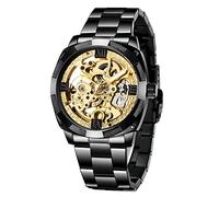 TIONG Mechanical Men's Watch Stainless Steel Automatic Skeleton Watch Waterproof Watches for Men Best Gift for Men, blackgold