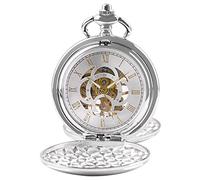 Tiong Mechanical Pocket Watch Hand-Wind Vintage Classic Double Hunter Pocket Watches & Chain with Skeleton Movement(Gift Box)