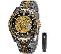Tiong Men’s Luxury Automatic Mechanical Watch, FOR1136-Gold, Gold Dial, Skeleton Face, Silver Stainless Steel Band, 43.5mm Case, 30m Water Resistant, Men's Fashion Sports Watch