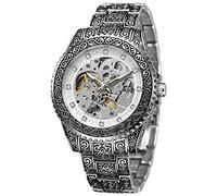 Tiong Men’s Watch Carving Gold Black Automatic Mechanical Watch for Men Skeleton Luxury Engraving Golden Wrist Watch, FOR1136-sliver white, Mechanical,Self-winding