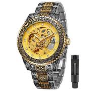Tiong Men’s Watch Carving Gold Black Automatic Mechanical Watch for Men Skeleton Luxury Engraving Golden Wrist Watch, FOR1136- All Gold, Mechanical,Self-winding