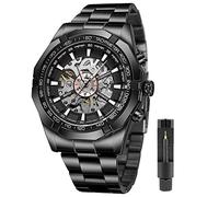 Tiong Men's Mechanical Watch, Stainless Steel Luminous Hand Watch, Skeleton Roman Numerals, 30m Water Resistant, Black, Mechanical