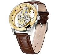 Tiong Men's Skeleton Quartz Watch Brown Leather Waterproof Watches for Men， Built-in Battery Powered Clear Cover Watces for Men