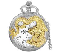 Tiong Men's Unique Silver and Gold Color Quartz Pocket Watch Hollow Engraved Dragon Pocket Watches with Chain for Men Women