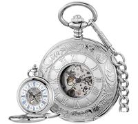 Tiong Men's Vintage Double Open Mechanical Pocket Watch Silver Roman Numeral Case Steampunk Pocket Watches with Chain for Men