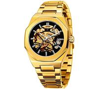 Tiong Mens Watch Luxury Skeleton Mechanical Stainless Steel Waterproof Black Automatic Self-Winding Wrist Watches for Men, W1005-Gold black, Mechanical