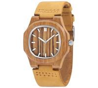 Tiong Men's Wooden Watch with Arabic Numeral Square Stripes Dial Leather Srap, Men's Casual Quartz Watch