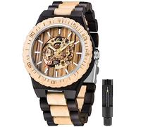 Tiong No Battery Fashion Mechanical Wooden Watch for Men, Mechanical Movement Wooden Strap Men's Watch for Father's Day, Birthday, M810-black white, Digital,Mechanical