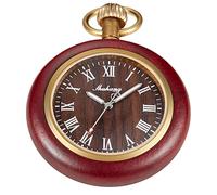 Tiong Round Red-Brown Large Dial Wooden Men's Quartz Pocket Watch, Uncovered Roman Digital 48MM Dial Quartz Wood Pocket Watch for Men- red