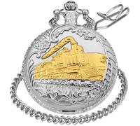 Tiong Silver Gold Right Locomotive Quartz Men's Pocket Watch, Arabic Numeral White Dial Pocket Watch with Chain