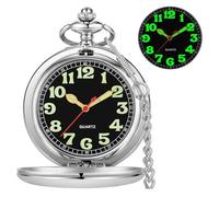Tiong Silver Men's Quartz Pocket Watch Luminous Dial Smooth Steel Arabic Numerals Pocket Watches with Chain for Men Women