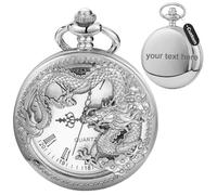 Tiong Silver Personalised Engraved Hollow Dragon Men's Pocket Watches with Chain Customz Gifts for Dad Father/Husband/Boyfriend/Grandpa/Best Man/Groom Birthday Father's Day Wedding