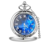Tiong Silver Pocket Watch Smooth Steel Blue Starry Design Roman Numerals Quartz Pocket Watch with Chain Father Day Birthday Gift