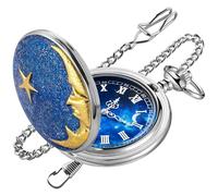 Tiong Silver Pocket Watch with Chain, Blue Starry Sky Dial, Golden Moon & Star Design Pocket Watches for Men Woman with Chain