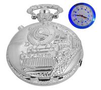 Tiong Silvery Turn Left Locomotive Design Pocket Watch with LED Light, Creative Quartz Arabic Numeral Dial for Men's Pocket Watch