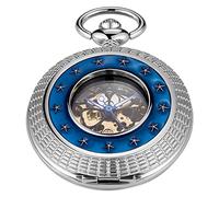 Tiong Single Open Mechanical Pocket Watch, Star Circle Blue Printed Skeleton Self-Winding Pocket Watch, Engraved Flower Design with Box for Men and Women