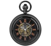 Tiong Skeleton Roman Numeral Black Dial Mechanical Pocket Watch, Father's Day/Valentine's Day/Birthday Mechanical Pocket Watches for Men