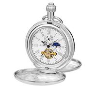 Tiong Sliver Smooth Shield Double Cover Men's Mechanical Pocket Watch, Double Cover Roman Moonlight Design Dial Chain Mechanical Pocket Watch