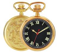 Tiong Stainless Steel Uncovered Men's Mechanical Roman Numerals Luminous Dial Pocket Watches with Chain for Men Birthday Graduation(Gold)