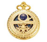 Tiong Unique Gold Hollowed Out Men's Pocket Watch with Moon Phase Design, Sun and Moon Pattern, Men's Mechanical Pocket Watch