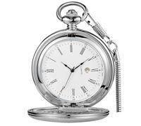 Tiong Unique Smooth Steel Quartz with Calendar Dial Vintage Pocket Watch with Chain Quartz Men's Pocket Watch(Silver)