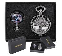 Tiong Vintage Hollow Tree of Life Design Pocket Watch and Pendant, Classic Black Quartz Roman Numeral Pocket Watches with Chain for Men Women Birthday Graduation