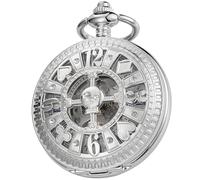 Tiong Vintage Mechanical Pocket Watch Silver Unique Skull Arabic Numerals Steampunk Skeleton Men's Pocket Watches with Chain
