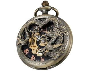 Tiong Vintage Mechanical Pocket Watch with Chain, Engraved Lucky Dragon Steampunk Roman Numerals Men's Pocket Watch, Gift for Graduation Birthday Father's Day