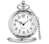 Tiong Vintage Pocket Watch with Chain Clip Smooth Steel Arabic Numerals White Dial Men's Quartz Pocket Watches for Men