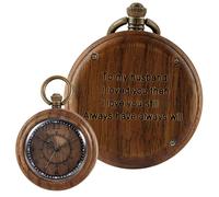 Tiong Vintage Wooden Quartz Pocket Watch with Chain Men's Wood Engraved to My Husband Pocket Watches Pendant for Men with Box