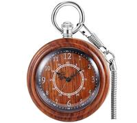 Tiong Wooden Pocket Watches for Men Handmade Bamboo Wood Analog Quartz Pocket Watch with Chain Gift for Father's Day, red brown, 复古