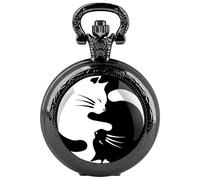 Tiong Yin Yang Cat Quartz Pocket Watch Vintage Alloy Black and White Cat Hug Pattern Pendant Necklace with Chain