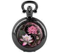Tiong Yin Yang Lotus Pocket Watch Necklace Vintage Black Skull Floral Pendant Gothic Jewelry Gift for Women Men