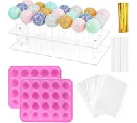 TiooDre Cake Pop Maker Kit, 302PCS Silicone Cake Mold Kits Candy Baking Molds with1 Baking Mold, 1 Acrylic Lollipop Holder, 100PCS Treat Sticks, Gold Bow Ties and Bags for Candy/Lollipop/Chocolate