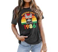 tiorhooe 40th Birthday T-Shirts Women Awesome Since 1986 Birthday Gift Top | Retro Cat Rainbow Graphic, Nostalgic Playful, Soft Breathable, Relaxed Crewneck, Vibrant Fade-Proof, Easy-Care Versatile