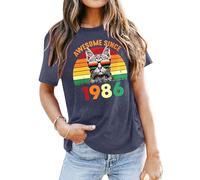 tiorhooe 40th Birthday T-Shirts Women Awesome Since 1986 Birthday Gift Top | Retro Cat Rainbow Graphic, Nostalgic Playful, Soft Breathable, Relaxed Crewneck, Vibrant Fade-Proof, Easy-Care Versatile