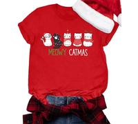 tiorhooe Christmas T Shirts Women Meowy Christmas T-Shirt Ladies Cat Xmas Gift Crewneck Tee Top (Red1,XXL)
