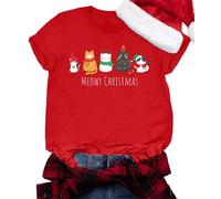 tiorhooe Christmas T Shirts Women Meowy Christmas T-Shirt Ladies Cat Xmas Gift Crewneck Tee Top (Red2,M)