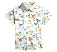 tiorhooe Dinosaur Shirt for Kids Boys Girls Hawaiian Button Down Tee Shirts | Dino-Tropical Print, Cartoon Floral Mix, Collared Style, Soft Breathable, Easy-Care Durable, Versatile Vacation, Ages 5-14