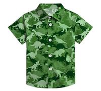 tiorhooe Dinosaur Shirt for Kids Boys Girls Hawaiian Button Down Tee Shirts | Dino-Tropical Print, Cartoon Floral Mix, Collared Style, Soft Breathable, Easy-Care Durable, Versatile Vacation, Ages 5-14