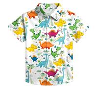 tiorhooe Dinosaur Shirt for Kids Boys Girls Hawaiian Button Down Tee Shirts | Dino-Tropical Print, Cartoon Floral Mix, Collared Style, Soft Breathable, Easy-Care Durable, Versatile Vacation, Ages 5-14